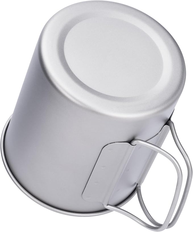 iBasingo 600ml Titanium Mug with Lid Tea Coffee Water Cup Outdoor Camping Pot Ultra-light Portable Hiking Backpacking Cooking Kit Picnic Tableware Drinkware with Foldable Handle Ti3036D