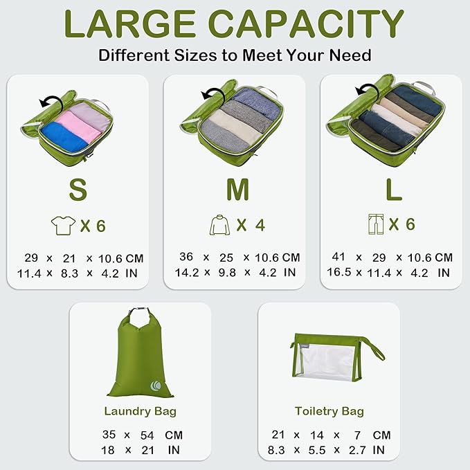 Cipway Compression Packing Cubes, Ultralight Luggage Organizer Bags with Laundry Bags and Clear Toiletries Bag, Travel Essentials for Carry on Suitcase (6 Piece,Green)