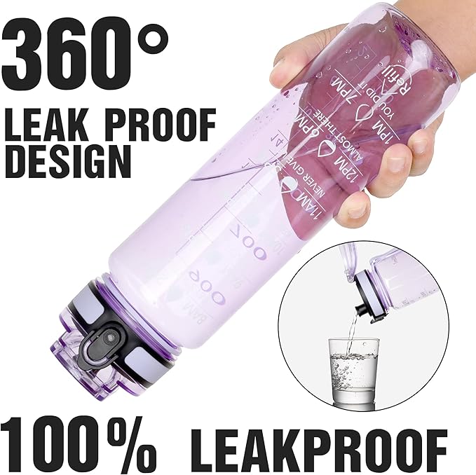 OLDLEY Water Bottle, 32oz Motivational Sports Water Bottle with Time Marker - Times to Drink - Tritan, BPA Free, Wide Mouth Leakproof,Amethyst (1 Bottle)