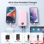 Portable Charger 13800mAh Slim USB C Power Bank with Built in Cables and Wall Plug,LCD Display Lightweight Travel Battery Pack,PD Fast Charging Compatible with iPhone 15,14,Samsung Android-Pink