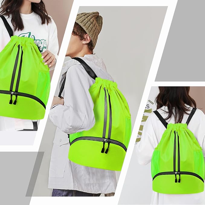 Hoedia Sports Drawstring Backpack - String Swim Gym Bag with Shoes Compartment and Wet Proof Pocket for Women&Men (Green)