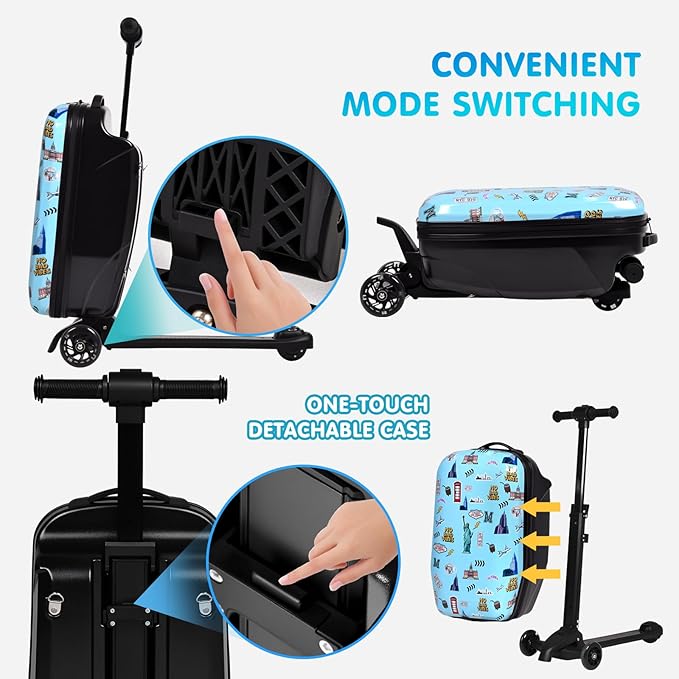 smilesun 4-in-1 Detachable Scooter Luggage for Kids & Teens, Foldable Hardside Ride On Suitcase with Wheels, Stylish and Safe Design(Blue)