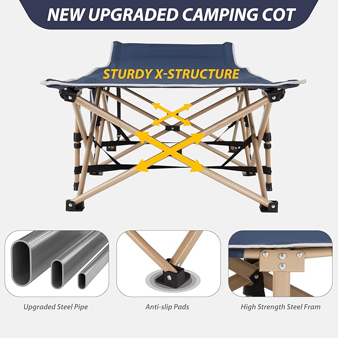 Folding Camping Cot for Sleeping, Portable Cots for Adults, Heavy Duty Cot Bed 550LBS(Max Load), Extra Wider Cots with Large Pocket for Outdoor, Office, Beach