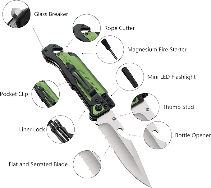 ALBATROSS Best 6-in-1 Survival Tactical Military Folding Pocket Knives with LED Light,Seatbelt Cutter,Glass Breaker,Magnesium Fire Starter,Bottle Opener;Multi-Function Emergency Tool(Green-SA)
