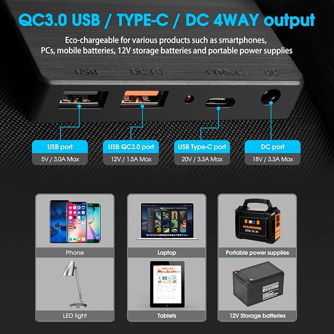 MARBERO 60W Portable Solar Panel 60 Watt Foldable Solar Panel for Solar Generators IP65 Waterproof 23% High Efficiency USB Port & DC Output(10 Changeable Adapters) for Outdoor Camping Travel Cloudy
