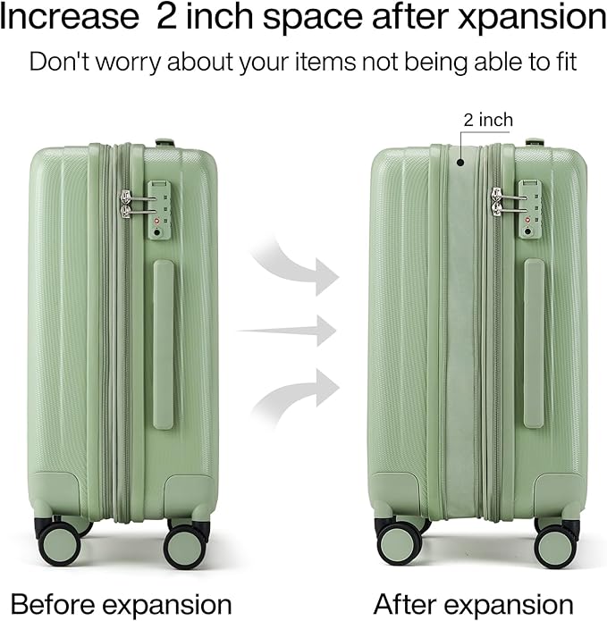 Hanke 20 Inch Expandable Carry on Luggage 22x14x9 Airline Approved Lightweight PC Hard Shell Suitcases with Wheels Travel Luggage Rolling Suitcase Travel Luggage Bag for Weekender(Bamboo Green)