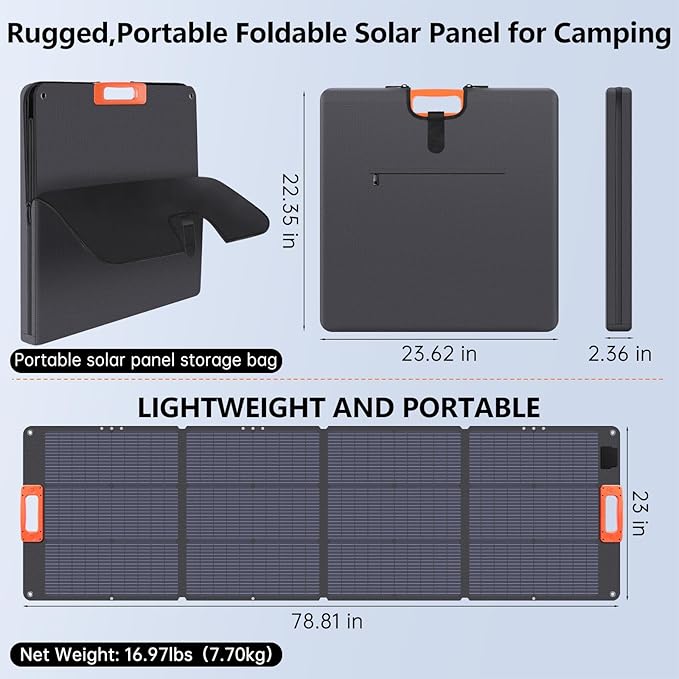 N-Type 16BB 200W Portable Solar Panel for Power Station,ETFE Foldable Solar Panel High 25% Efficiency IP68 Waterproof Solar Panels Kit for Outdoor Camping RV Backuot