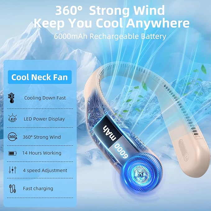 Portable Neck Fan,Hands Free Personal Wearable Bladeless Fan,6000mAh USB Rechargeable,360° Cooling,LED Display,4-Speeds,Birthday Gifts for Men Women Dad Mom,Outdoor Indoor Travel Camping (Brown)