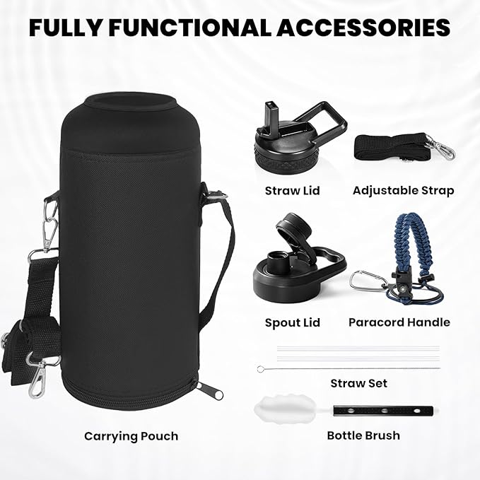 Insulated Water Bottle 87 oz, Triple Wall Vacuum Stainless Steel (Cold for 48 Hrs), Leak Proof & Non-BPA, Modern Water Flask Jug with Paracord Handle & Straw Spout Lids, Navy Blue