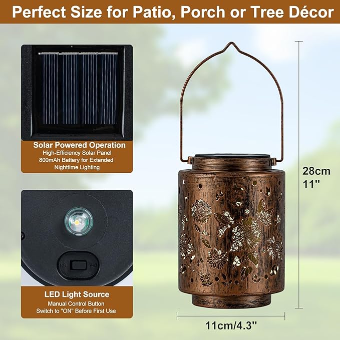 Hanging Solar Lanterns for Outside Sunflower and Butterfly Decorative Lights Warm Glow with Metal Finish Garden Lanterns Waterproof Gifts for Women Patio Décor