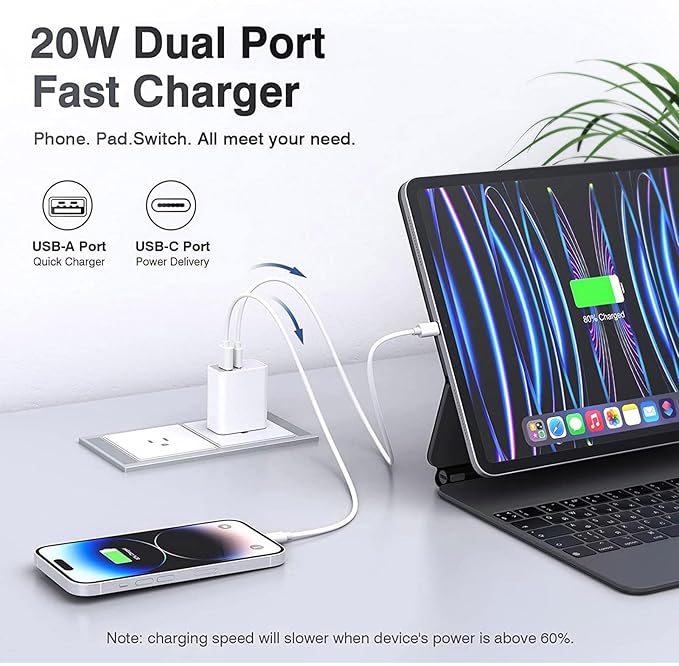 3 Pack USB C Charger Block,20W USB-C & USB-A Port Charger，for i Phone 17/16/15/14/13/12/11/X/8, i Pad and More