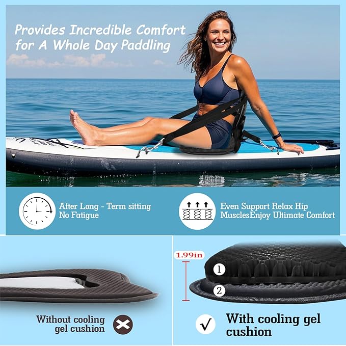 NEW-Vi Deluxe Kayak Seat with Gel Cushion & Storage Bag - Padded Ergonomic Backrest for Kayak, Canoe, SUP, Fishing Boat - Anti-Slip & Waterproof