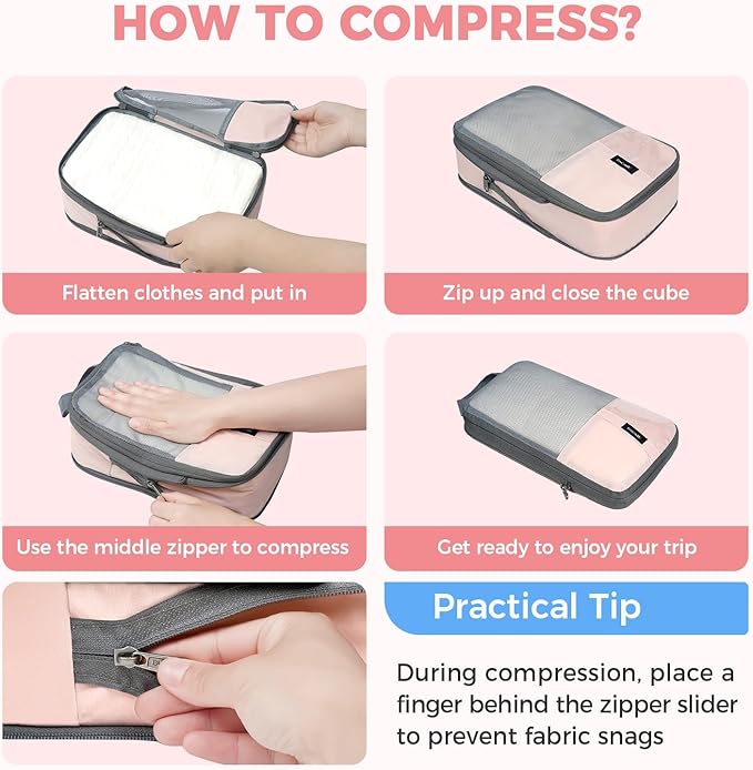 BAGAIL 6 Set/4 Set Lightweight Compression Packing Cubes for Travel, Anti-Tearing Expandable Organizer Bags for Suitcase
