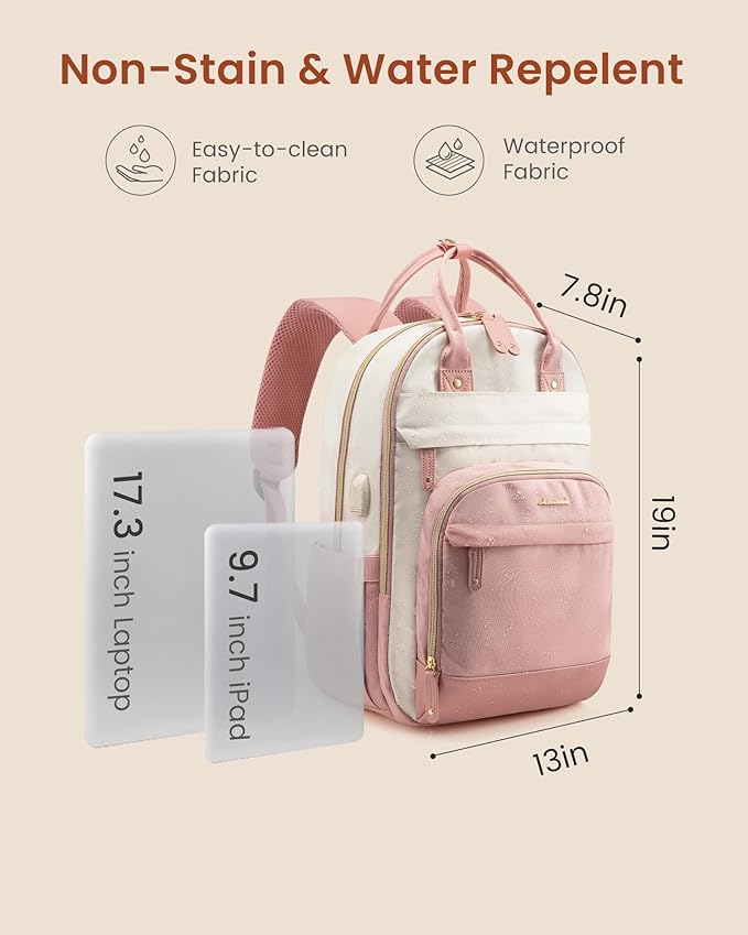 LOVEVOOK Laptop Backpack Women with USB Port Design,17.3 inch Waterproof Work Travel Backpack Computer Laptop Bag,Cute College Nurse Teacher Backpack Purse,Gifts for Women & Men,Beige-Pink-Pink