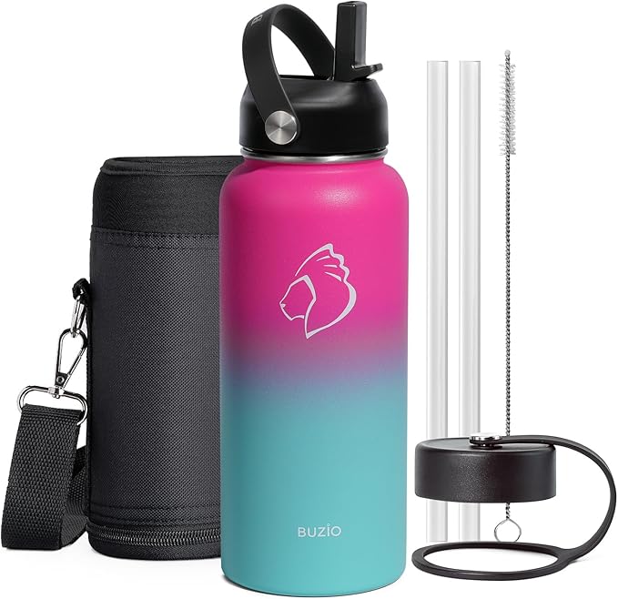 BUZIO Insulated Water Bottle with Straw Lid and Flex Cap, 32oz Double Wall Vacuum Stainless Steel Thermo with Wide Mouth Lid, Cold 48 Hrs Hot 24 Hrs Sweat Proof Flask, Rose and Green
