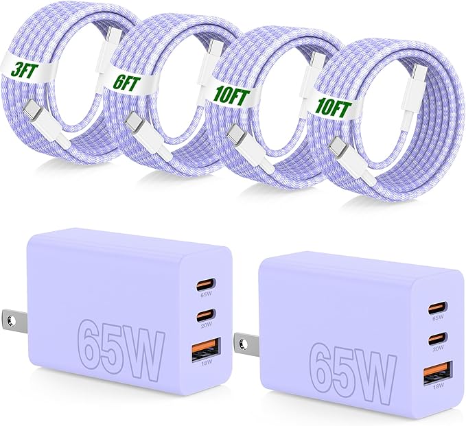 65W Super Fast Charger Type C for Samsung,3 Port 100W Quick Charging 3.0 USB C Block & 3/6/10/10FT Braided Type C Cord for Samsung Galaxy S26 Ultra/S26/S25 Ultra/iPhone 17 Pro/MacBook Pro/Air-Purple