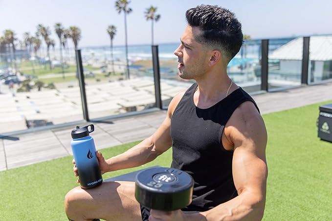 HYDRO CELL Stainless Steel Insulated Water Bottle with Straw - For Cold & Hot Drinks - Metal Vacuum Flask with Screw Cap and Modern Leakproof Sport Thermos for Adults (Blue/Black 32oz)