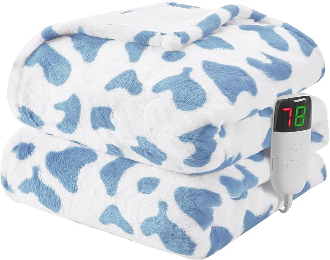 Cow Print Heated Electric Blanket Throw,50X60 Blue Heating Blanket with 10 Heats Levels & 8 Hours Auto Off,Cute Cow Decor Stuff Soft Fleece Sherpa Blankets Warmer Gifts for Women Washable,ETL