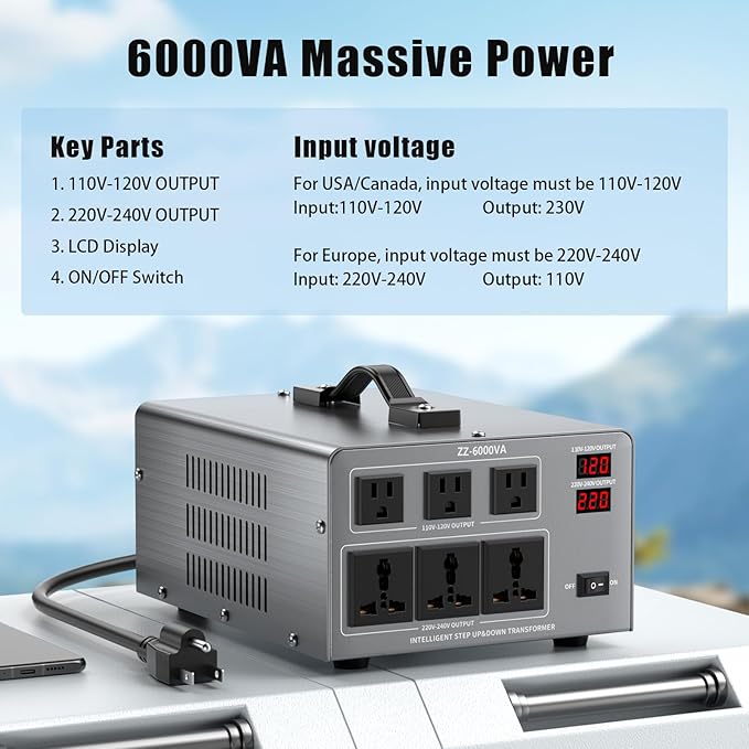 6000W Voltage Converter Transformer Step Up/Down 110V/120V to 220V/240V, Auto Voltage Recognition, Heavy Duty Power Converter with 6 Outlets, LCD Display & Circuit Breaker for Home, International Use