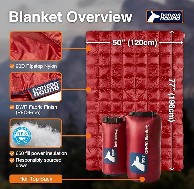 Horizon Hound Down Camping Blanket - Outdoor Travel Quilt | Sustainable, Insulated, Lightweight & Warm Gear for Sleep, Camping, Stadium, Hiking & Festivals | Water Resistant, Packable & Compact