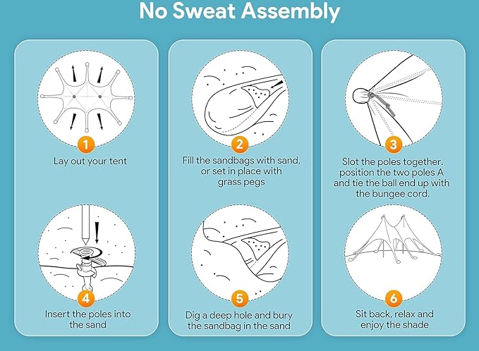 Beach Tent Sun Shelter & Portable Beach Canopy UPF50+ Uv Protection, Beach Shade Canopy/Cabana with 8 Sandbags, 4 Stability Poles, Sand Shovel Ground Pegs for Outdoor Camping