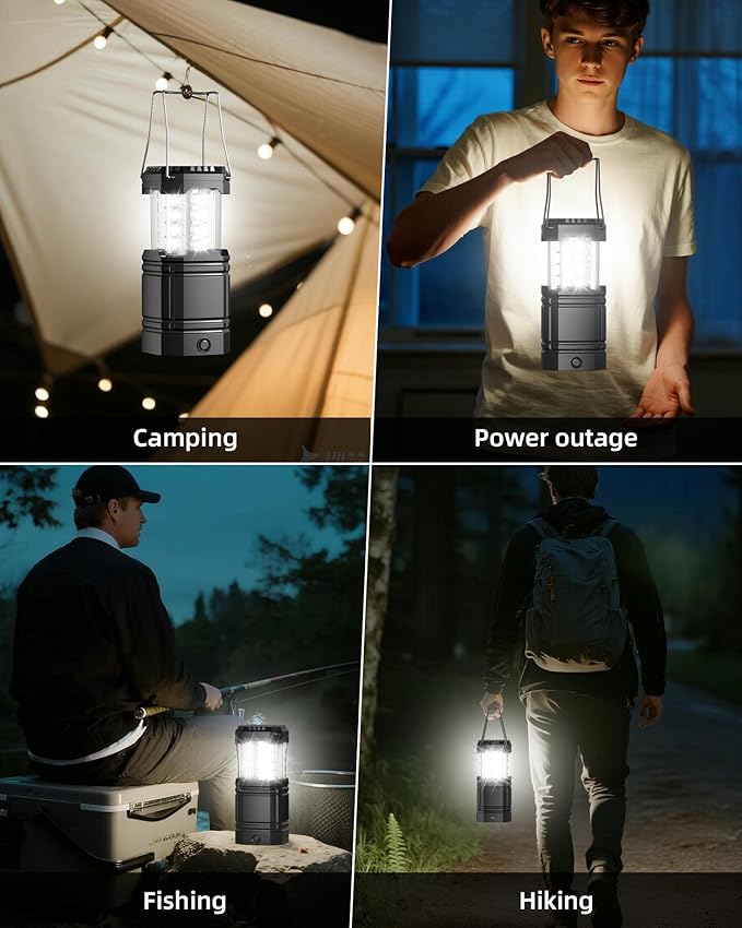 4 Pack Solar Camping Lantern with 1600mAh Rechargeable Battery, 30-Hour Runtime, 360° LED Tent Light & Super Bright Flashlight, Compact & Portable for Hiking, Emergency, Outdoor