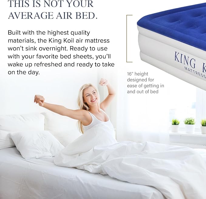 King Koil Luxury Twin Air Mattress with Built-in High Speed Pump for Camping, Home & Guests - Twin Size Double High Airbed Luxury Inflatable Blow Up Mattress Waterproof (1-Year Manufacturer Warranty)