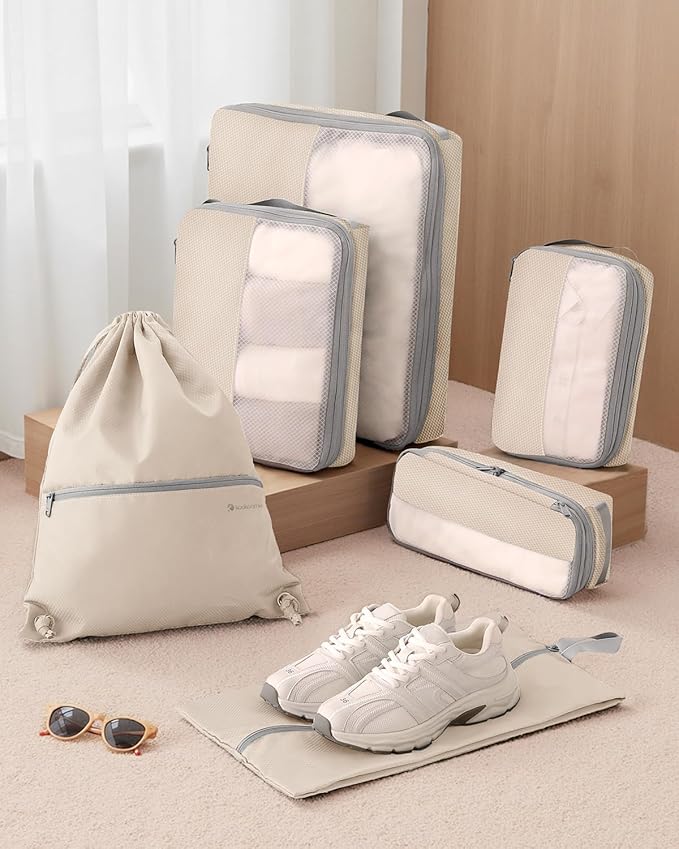 6 Set Compression Packing Cubes for Travel, Bonus Versatile Drawstring Backpack, Lightweight Luggage Organizer Bags, Sturdy Travel Accessories for Suitcase, Beige