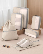 6 Set Compression Packing Cubes for Travel, Bonus Versatile Drawstring Backpack, Lightweight Luggage Organizer Bags, Sturdy Travel Accessories for Suitcase, Beige
