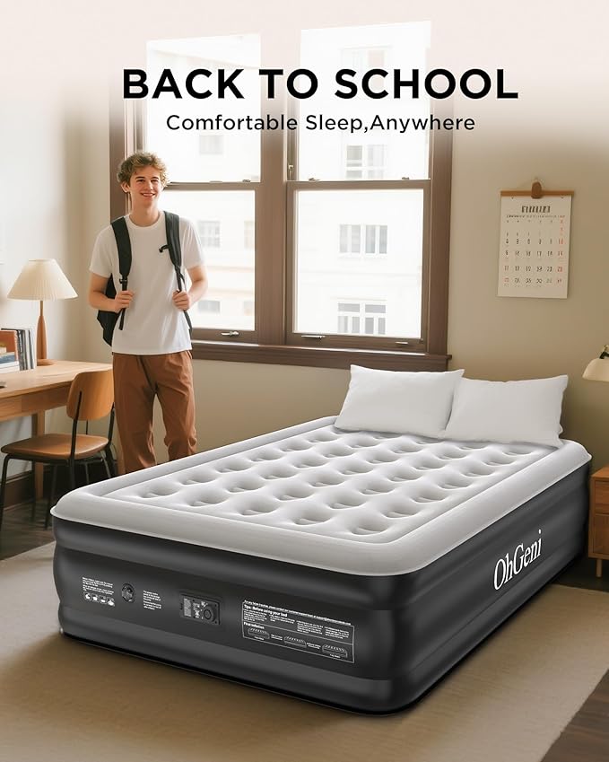 OhGeni Air Mattress Queen with Built in Pump, Inflatable Blow Up Mattress 18 Raised Comfort,Upgraded Surface Portable Mattress, Air Bed for Camping, Home and Guest, Colchone Inflable, 650 lbs Max