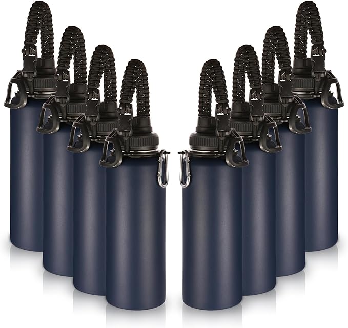 Volhoply Insulated Water Bottles Bulk 8 Pack, 40 oz Stainless Steel Sports Bottle with Paracord Handle & Spout Lid, Double Walled Travel Water Cups with Wide Mouth, Reusable Water jug(Navy,8 Set)