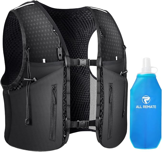 All-in-One Multi Sport Running Vest including Water Bottle, Whistle, 11 Pockets & 6 Straps – Ergonomic Lightweight Reflective Gear