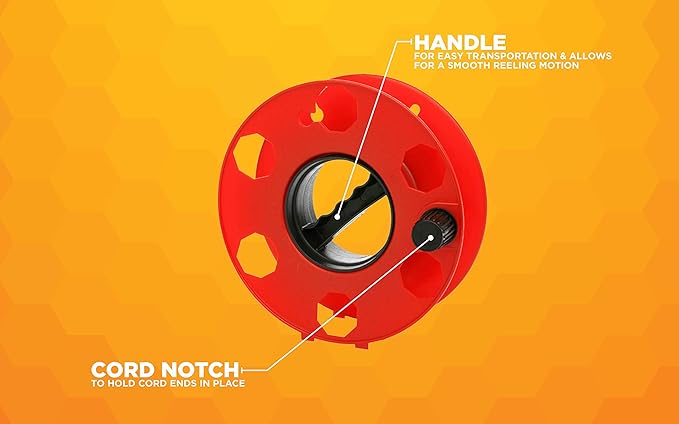 Woods Heavy Duty Cord Storage Wheel - Holds Up to 125 Feet of 16/3 or 110 Feet of 14/3 Gauge Cord - Tangle-Free Design for Extension Cords, Rope, or Hose - Orange/Black