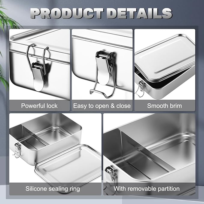 Umigy 8 Pcs Stainless Steel Food Containers 2400ml Metal Bento Lunch Box Stainless Steel Food Storage Containers, Lockable Clips to Leak Proof, Reusable Dishwasher Snack Boxes for Work
