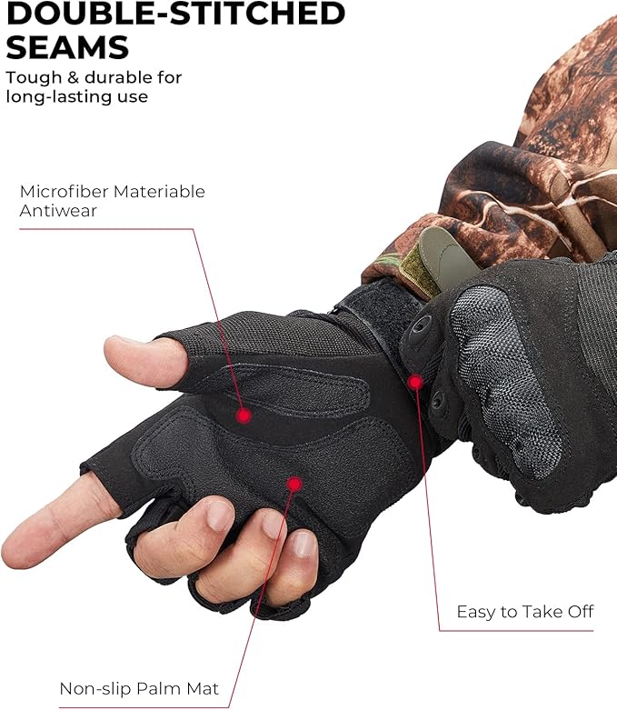 KEMIMOTO Fingerless Tactical Gloves for Men, Motorcycle Gloves for Outdoor Work Sports, Fingerless Cycling Gloves for Hunting Hiking Camping