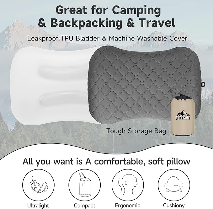 OUTSKIRT Inflatable Camping Pillow, 2-in-1 Travel Pillows for Sleeping, Ergonomic & Lightweight Small Backpacking Pillow for Travel, Hiking, Camping & Outdoor Activities, Grey