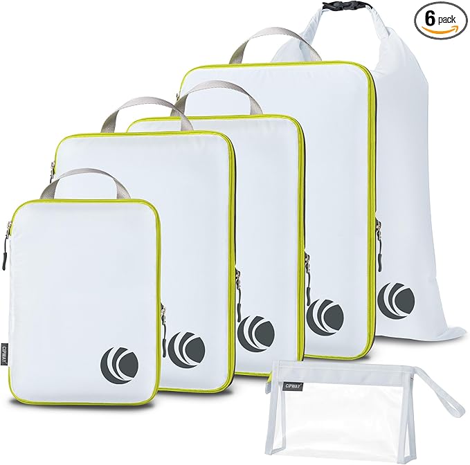 Cipway Compression Packing Cubes, Ultralight Luggage Organizer Bags with Laundry Bags and Clear Toiletries Bag,Travel Essentials for Carry on Suitcase (6 Piece,White)