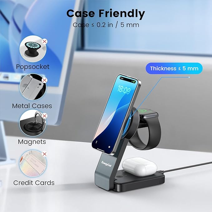 3-in-1 Wireless Charging Station for Apple Devices, 15W Wireless Charger for iPhone 17/16/15/14/13/12, Apple Watch, AirPods, Magnetic Foldable Fast Charger Apple Charging Station (Black)