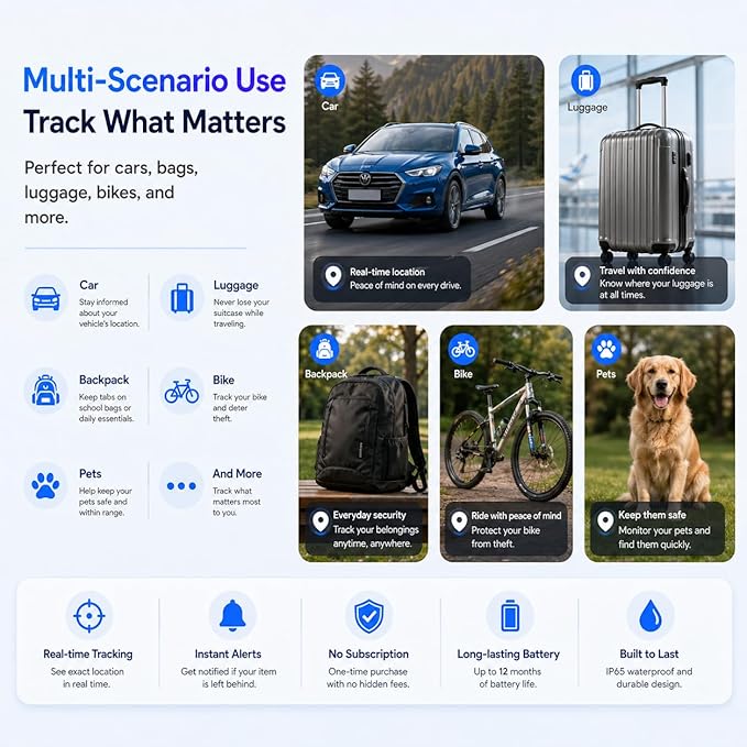 GPS Tracker for Vehicles,Magnetic Waterproof Car Tracker, No Monthly fees, Mini Portable GPS Tracker for Cars, Trucks, Motorcycle, Anti-Theft（Android Only）