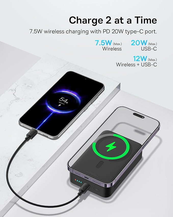 Baseus 0.3" Ultra Slim 5000mAh MagSafe Portable Charger Bundle with PD 20W 20000mAh Wireless Portable Charger, Wireless Fast Charger for iPhone 16/15/14/13/12