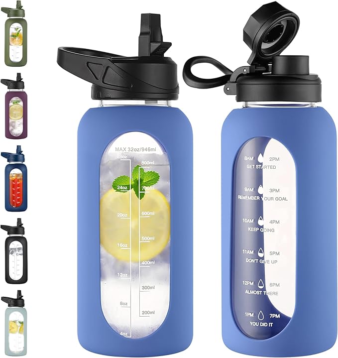 CIVAGO 32 oz Glass Water Bottle with Straw and Handle, Large Sports Motivational Water Bottle Flask with Time Marker and 2 Lids, Leakproof Water Jug Canteen with Silicone Sleeve for Gym, Wave Blue