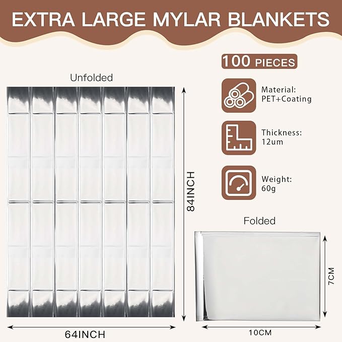 Kanayu 100 Pack Emergency Thermal Blankets Bulk 64 x 84 Disposable Foil Space Blankets for Survival First Aid Camping Hiking Outdoor