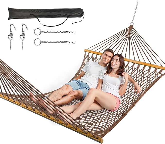 Double Hammock for 2 Person, Handwoven Rope Hammock with Spreader Bar - Indoor & Outdoor Use for Patio, Poolside, Backyard (Brown)