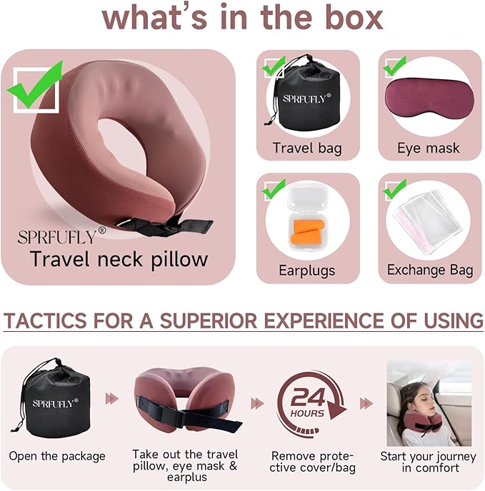 SPRFUFLY Travel Pillow 100% Memory Foam - Neck Pillow for Sleeping, Airplane Pillow with Sleep Mask & Earplugs, Travel Essentials Neck Pillow for Traveling, Long Flights, Train & Office Use(Soft Pink)