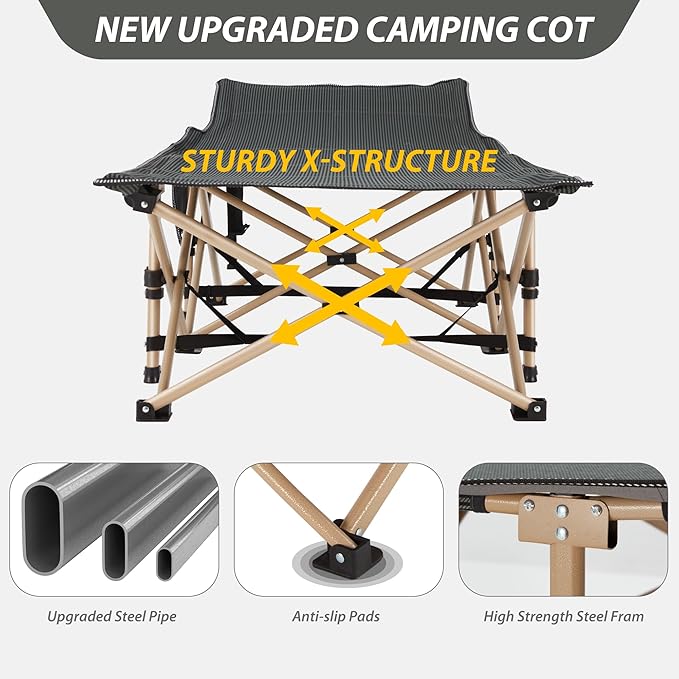 Folding Camping Cot for Sleeping, Portable Cots for Adults, Heavy Duty Cot Bed 550LBS(Max Load), Extra Wider Cots with Large Pocket for Outdoor, Office, Beach