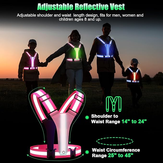 LED Reflective Vest Running Gear, 5 Colors Lights Up Running Vest for Night Walking Cycling Jogging, Adjustable Size for Men Women Kids, Rechargeable and High Visible