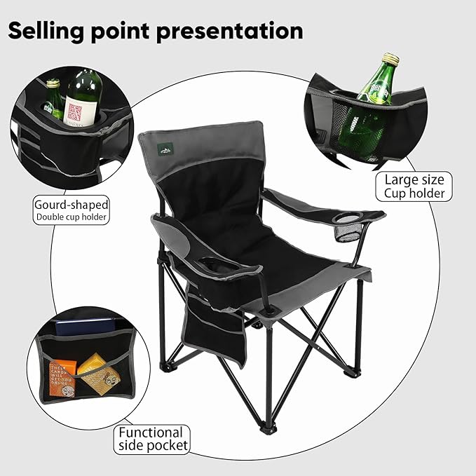 Northroad Foldable Camping Chair Heavy-Duty Outdoor Folding Chair Support Up to 300lbs for Hiking, Picnics, Patio, Beach, Fishing (Black)