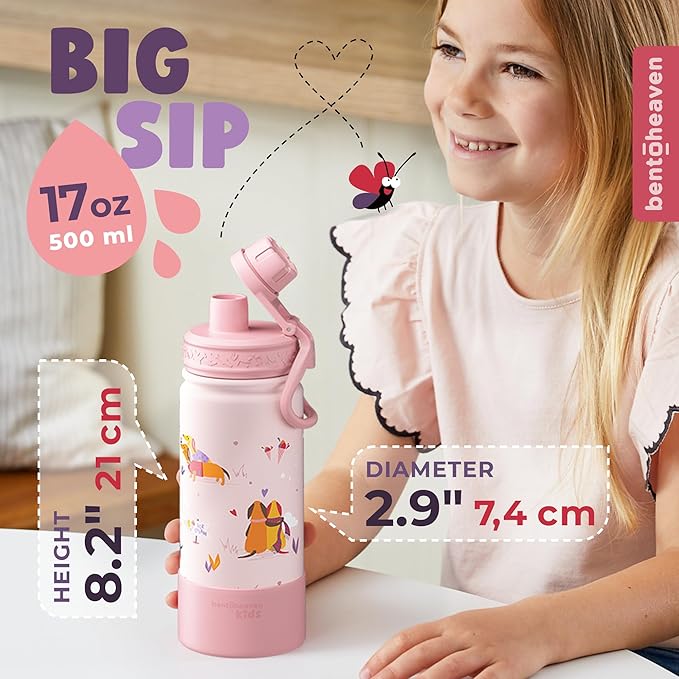 Bentoheaven Kids Water Bottle Stainless Steel for Boys & Girls, 2 Lids (Chug & Straw), Handle & Silicone Boot, Reusable Metal Leak-proof Insulated Tumbler, School & Sports 17oz (Pink)