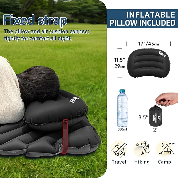 Ultralight Sleeping Pad Camping Inflatable Pillow for Camping Combo, Compact Backpacking Inflatable Sleeping Pad for Adults- Portable for Hiking, Travel - Durable & Comfortable