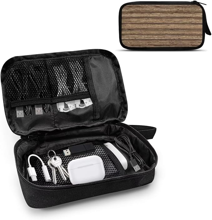 Wood Grain Electronic Accessories Carry Case Large Electronics Organizer Travel Case Portable Cord Organizer Travel for Cable Charger Phone Earphone